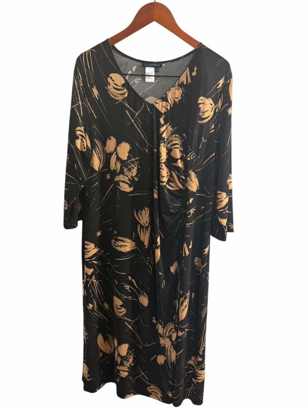 Ulla Popken Black & Tan Floral Ruched Wrap Dress Stretch 20/22
